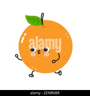 Mignon drôle de jogging orange. Icône d'illustration de personnage de dessin animé kawaii à lignes planes vectorielles. Isolé sur fond blanc. Concept de personnage d'entraînement Orange fruit Illustration de Vecteur