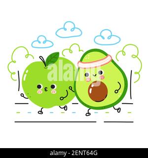 Mignon drôle pomme et course d'avocat. Icône d'illustration de personnage de dessin animé kawaii à lignes planes vectorielles. Isolé sur fond blanc. Fruit de pomme, concept de personnage d'entraînement d'avocat Illustration de Vecteur