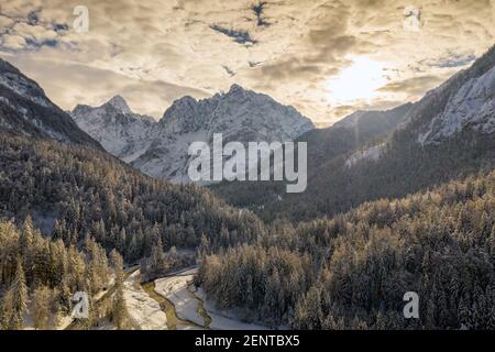 Photo aérienne du magnifique paysage de montagne d'hiver. Drone se déplaçant au-dessus de la vallée avec la forêt de pins enneigée. Banque D'Images