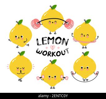 Collection de set de gym mignon drôle citron. Icône d'illustration de personnage de dessin animé kawaii à lignes planes vectorielles. Isolé sur fond blanc. Concept d'ensemble de personnages d'entraînement Lemon Illustration de Vecteur