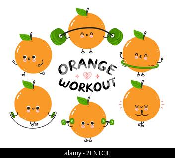 Collection de set de gym mignon drôle orange. Icône d'illustration de personnage de dessin animé kawaii à lignes planes vectorielles. Isolé sur fond blanc. Concept d'ensemble de personnages d'entraînement Orange fruit Illustration de Vecteur