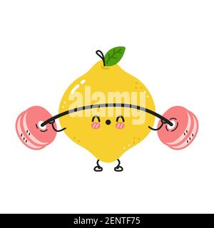 Mignon drôle citron faire la salle de gym avec des haltères. Icône d'illustration de personnage de dessin animé kawaii à lignes planes vectorielles. Isolé sur fond blanc. Concept de personnage d'entraînement citron Illustration de Vecteur