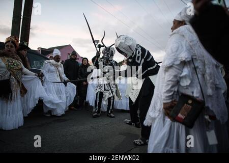 Skull and Bones Gang avec les sept Sœurs mystiques dans les rues de la Nouvelle-Orléans mardi gras matin à l'aube. Banque D'Images