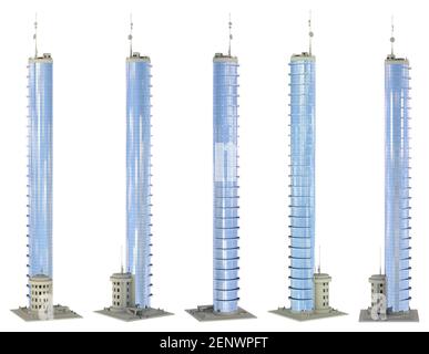 5 rendus de bâtiments fictifs avec balcons avec ciel nuageux reflet - isolé, différents angles vues illustration 3d de gratte-ciel Banque D'Images