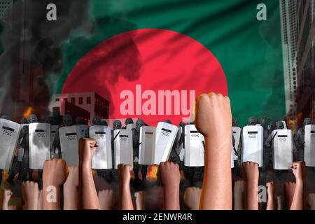 Manifestation au Bangladesh - l'équipe de police se trouve contre la foule des manifestants sur fond de drapeau, concept de combat anti-émeute, illustration militaire en 3D Banque D'Images