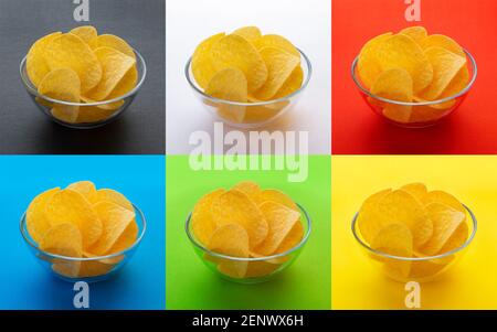 Croustilles de pommes de terre dans un bol isolé sur différents milieux, collection Banque D'Images