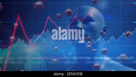 Cellules Covid-19 et traitement des données boursières par rapport au modèle 3D de tête humaine portant un masque facial Banque D'Images