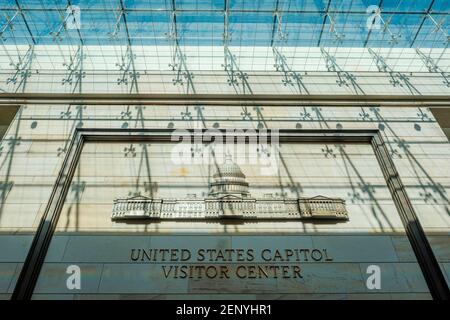 Panneau du United States Capitol Visitor Center, US Capitol Building, Washington DC, États-Unis Banque D'Images