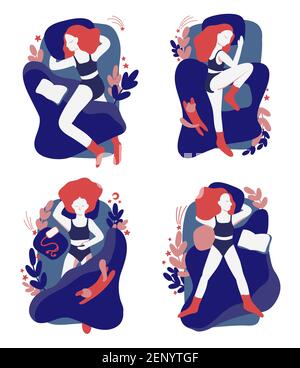 Collection de jeunes femmes dormant au lit dans différentes poses. Ensemble de personnage de dessin animé femelle allongé dans différentes postures pendant le sommeil de nuit. Vue de dessus Illustration de Vecteur