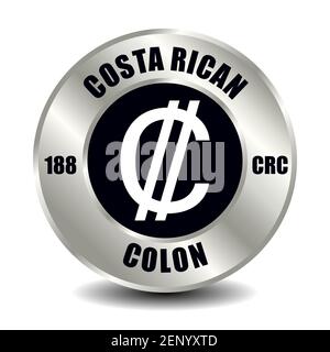 Icône d'argent du Costa Rica isolée sur une pièce d'argent ronde. Symbole vectoriel de devise avec code ISO international et abréviation Illustration de Vecteur