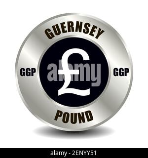 Icône argent Guernesey isolée sur une pièce de monnaie en argent ronde. Symbole vectoriel de devise avec code ISO international et abréviation Illustration de Vecteur