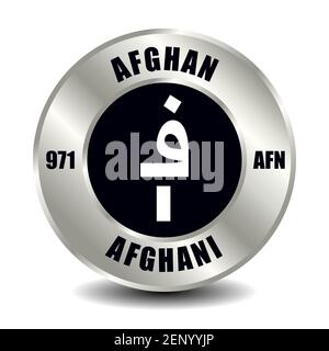 L'icône de l'argent afghan est isolée sur une pièce de monnaie ronde en argent. Symbole vectoriel de devise avec code ISO international et abréviation Illustration de Vecteur