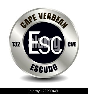 Icône argent du Cap-Vert isolée sur une pièce de monnaie ronde en argent. Symbole vectoriel de devise avec code ISO international et abréviation Illustration de Vecteur