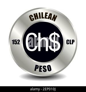 Chile Money Icon isolé sur une pièce de monnaie ronde en argent. Symbole vectoriel de devise avec code ISO international et abréviation Illustration de Vecteur