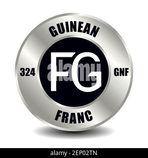 Icône de monnaie de Guinée isolée sur une pièce de monnaie ronde en argent. Symbole vectoriel de devise avec code ISO international et abréviation Illustration de Vecteur