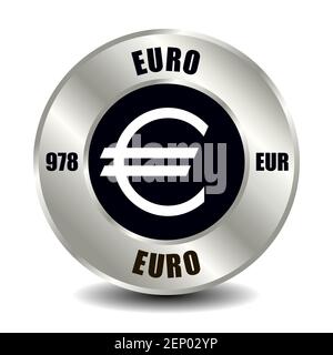 Icône argent Europe isolée sur une pièce de monnaie ronde en argent. Symbole vectoriel de devise avec code ISO international et abréviation Illustration de Vecteur