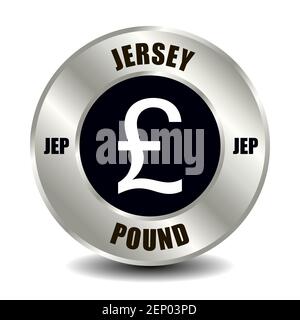 Icône Jersey Money isolée sur une pièce de monnaie ronde en argent. Symbole vectoriel de devise avec code ISO international et abréviation Illustration de Vecteur