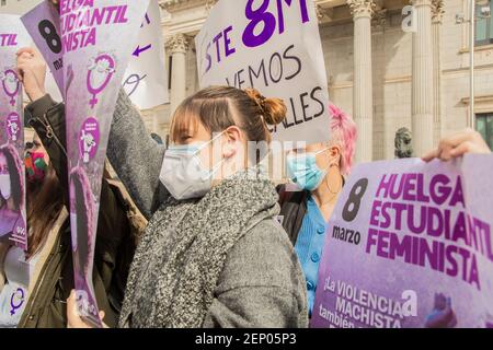 Le syndicat des étudiants s'est plaint devant le Congrès des députés, exprimant son rejet des mesures de contrôle sanitaire pour la manifestation de 8 M. Pour cette raison, le secrétaire général du syndicat, Coral Latorre, le considère comme un « scandale ». Elle a annoncé qu'elle se tiendra le 8 mars, Journée internationale de la femme, à la Puerta del sol à Madrid, à partir de 12 heures, bien qu'elle n'ait pas reçu l'autorisation de la délégation du gouvernement de Madrid. Dans une déclaration recueillie, l'Union a annoncé qu'elle venait de recevoir la notification de la délégation gouvernementale de Madrid que "la démonstratio Banque D'Images