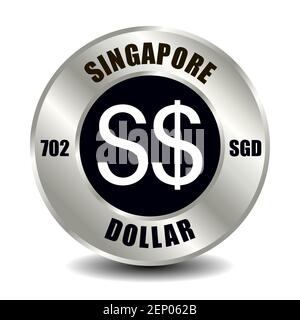 Icône Singapore Money isolée sur une pièce de monnaie ronde en argent. Symbole vectoriel de devise avec code ISO international et abréviation Illustration de Vecteur