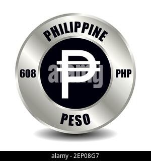 Icône de l'argent philippin isolée sur une pièce de monnaie ronde en argent. Symbole vectoriel de devise avec code ISO international et abréviation Illustration de Vecteur