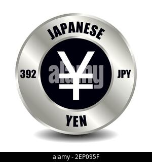 Icône de monnaie japonaise isolée sur une pièce de monnaie ronde en argent. Symbole vectoriel de devise avec code ISO international et abréviation Illustration de Vecteur