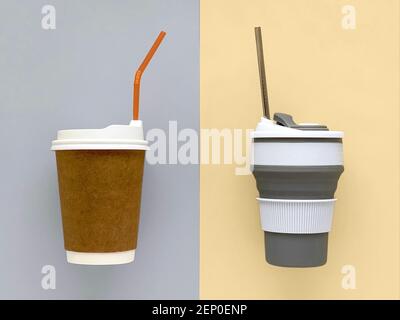 Tasse à café jetable vs tasse réutilisable, concept écologique, recyclable Banque D'Images