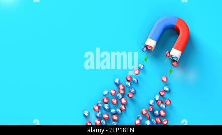 Kiev, Ukraine - 14 octobre 2020: Aimant et aime. Attirer plus de visiteurs et de clients sur le site. Copier l'espace pour le texte. rendu 3d. Banque D'Images