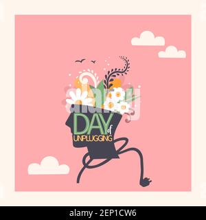 Journée de désengorgement. Lettrage et illustracion. Tête humaine avec fleurs poussant à l'intérieur. Détox numérique. L'illustration vector multicolor isole. Illustration de Vecteur