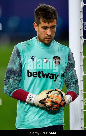 VALENCE, ESPAGNE - FÉVRIER 26 : gardien de but Aitor Fernandez de Levante lors du match LaLiga Santander entre Levante et Athletic Bilbao à Estadi Banque D'Images
