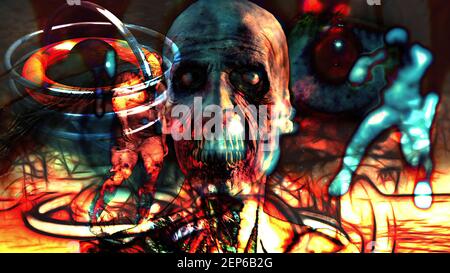 Deux horribles scènes zombies effrayantes - illustration 3D Banque D'Images