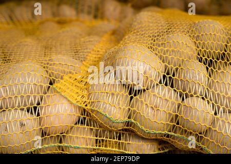Des pommes de terre fraîchement récoltées et lavées dans un emballage de filet dans un greengrocer's. Image d'arrière-plan Banque D'Images