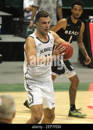 26 février 2021 - Hawaii Rainbow Warriors centre Mate Colina #11 lors d'un match entre les Hawaii Rainbow Warriors et les long Beach State 49ers à la Squili Arena au Stan Sheriff Centre à Honolulu, HI - Michael Sullivan/CSM Banque D'Images