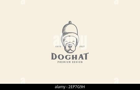 animaux animaux chien dessin animé tête mignon avec chapeau logo vintage illustration graphique de symbole d'icône de vecteur de conception Illustration de Vecteur