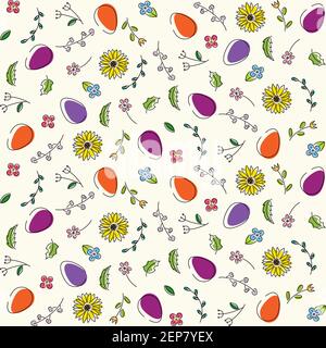 Motif printanier sans couture composé d'œufs et de fleurs. Joyeuses Pâques. Arrière-plan pour le papier, les cartes postales, les invitations. Illustration de Vecteur