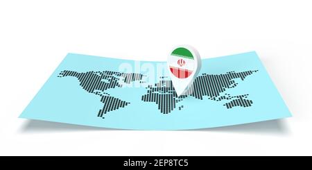 Un localisateur de carte de pays en rendu 3D pointant sur une destination mondiale sur une carte du monde plat. Symbole porte LE drapeau DE L'IRAN. Illustration isolée avec espace de copie Banque D'Images