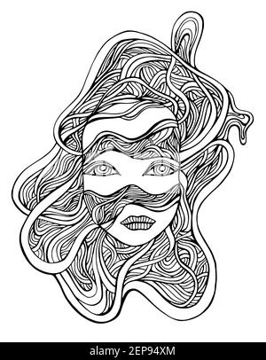 Cyborg fille visage dans les fils, fantastique cyber-banque style coloriage page. Illustration vectorielle dessinée à la main avec visage android girl. Illustration de Vecteur