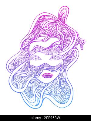 Visage de fille de cyborg coloré en fils, fantastique style de banque virtuelle, rose vif bleu contour néon dégradé couleur, isolé blanc arrière-plan. Vecteur main dr Illustration de Vecteur