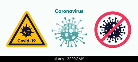 Signes d'alerte et d'arrêt du coronavirus. Ensemble d'icônes de concept Vector Covid-19 Illustration de Vecteur