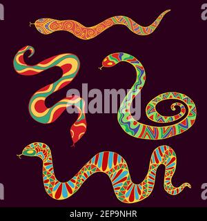 Collection de serpents ethniques brillants isolés sur fond brun foncé. Illustration vectorielle dessinée à la main avec des reptiles. Animaux colorés en boho St Illustration de Vecteur