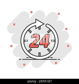 Cartoon Vector icône heure dans le style comique. 24 heures signer illustration pictogramme. Minuterie de démarrage d'entreprise concept d'effet. Illustration de Vecteur