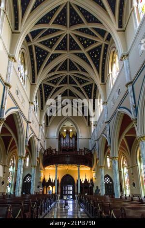 Charleston, Caroline du Sud, États-Unis - intérieur de la cathédrale historique de Saint-Jean-Baptiste en orientation verticale. Banque D'Images