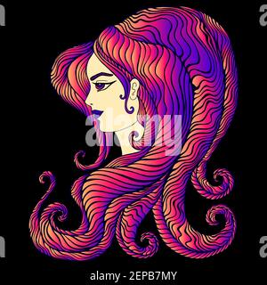 Déesse psychédélique, couleur de cheveux violet orange vif rose. Arrière-plan noir isolé. Fantastique femme abstrait vagues cheveux ligne. Fanta surréaliste Illustration de Vecteur