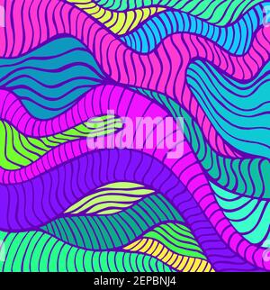 Motif de lignes courbes abstraites colorées, bleu rose violet jaune. Style Doodle. Illustration vectorielle dessinée à la main. Illustration de Vecteur