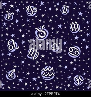 Astrologie vectorielle sans couture motif, fond de zodiaque carré répétitif avec symboles d'astrologie, illustrations de douze signes de zodiaque et dessin animé Illustration de Vecteur