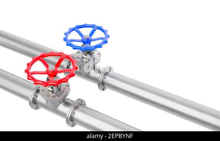 la vue en diagonale des vannes bleu et rouge sur les tuyaux en acier est isolée sur un fond blanc.Illustration d'une image numérique pour l'industrie. Banque D'Images