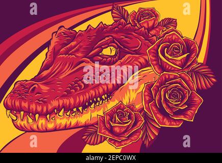 Illustration vectorielle de la tête de crocodile avec des roses Illustration de Vecteur