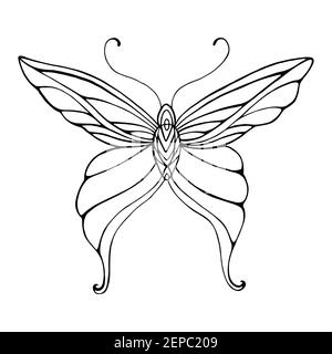 Page de coloriage décoratif élégant de papillon. Papillon abstrait fantaisie avec ailes à motifs. Illustration vectorielle dessinée à la main avec insecte. Noir et blanc Illustration de Vecteur