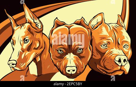 Têtes de chiens Pitbull dobermann bulldog vector Illustration de Vecteur