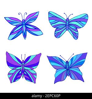 Ensemble de couleur bleu violet vif papillons, arrière-plan blanc isolé. Style Doodle. Des papillons de nuit de fantaisie colorés. Dessin de papillons à main vectorielle Illustration de Vecteur