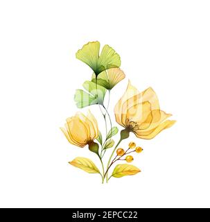 Bouquet d'aquarelle. Roses jaunes transparentes avec feuilles de ginkgo vertes isolées sur blanc. Composition abstraite peinte à la main. Illustration botanique pour Banque D'Images